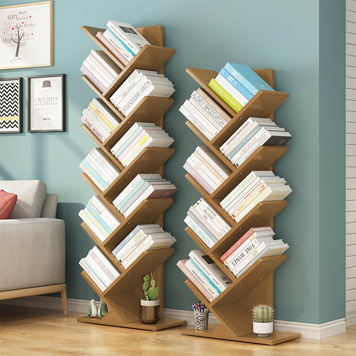 6段] VeroMan 本棚 ブックラック ブックシェルフ 木製 ツリー 棚 縦型