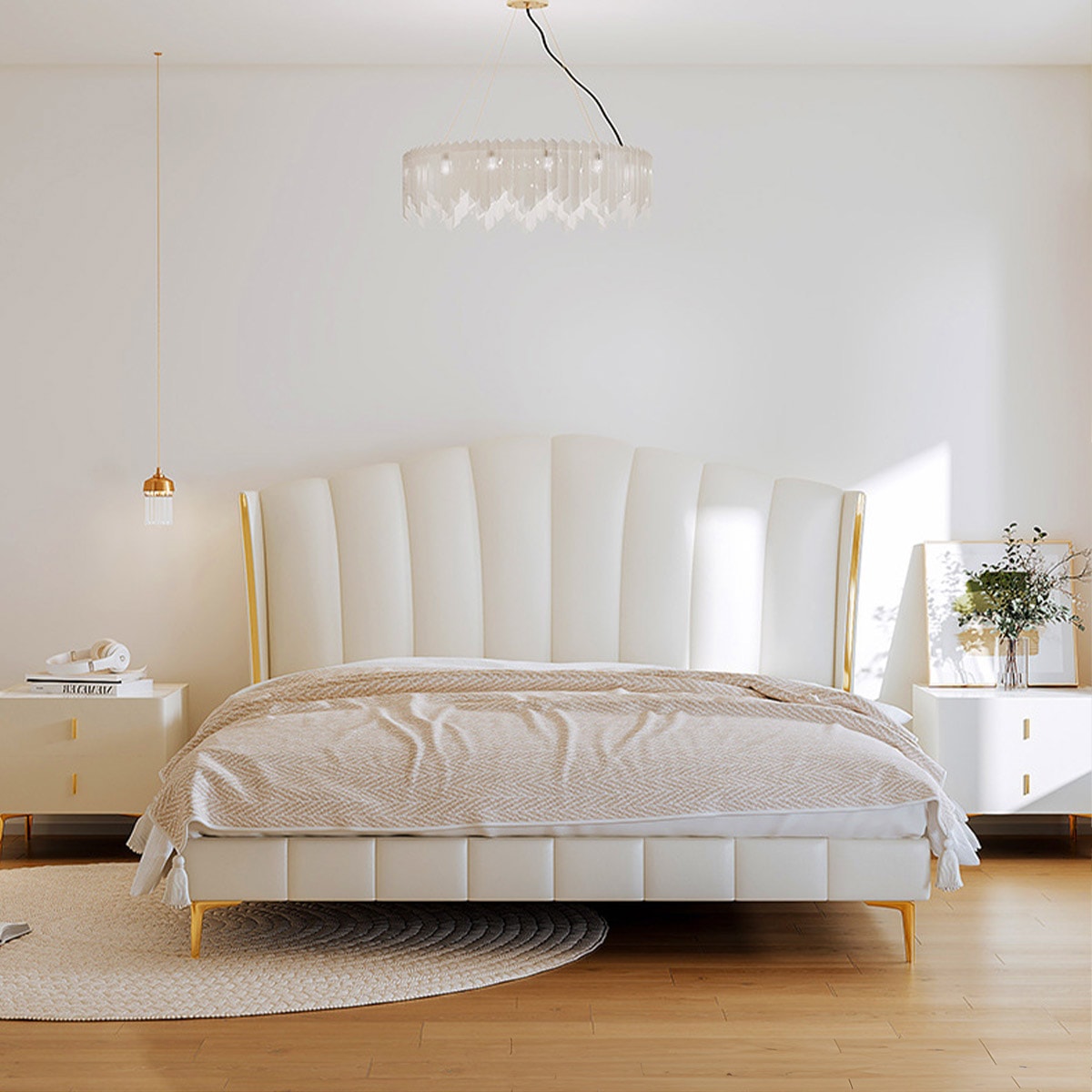 VeroMan レザー ベッド フレーム ゴールド脚 ティアラシルエット 立体