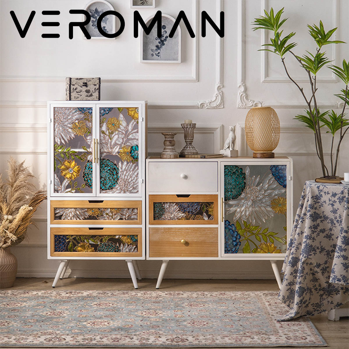 VeroMan 食器棚 ガラス扉 キャビネット アート キッチンボード 木製