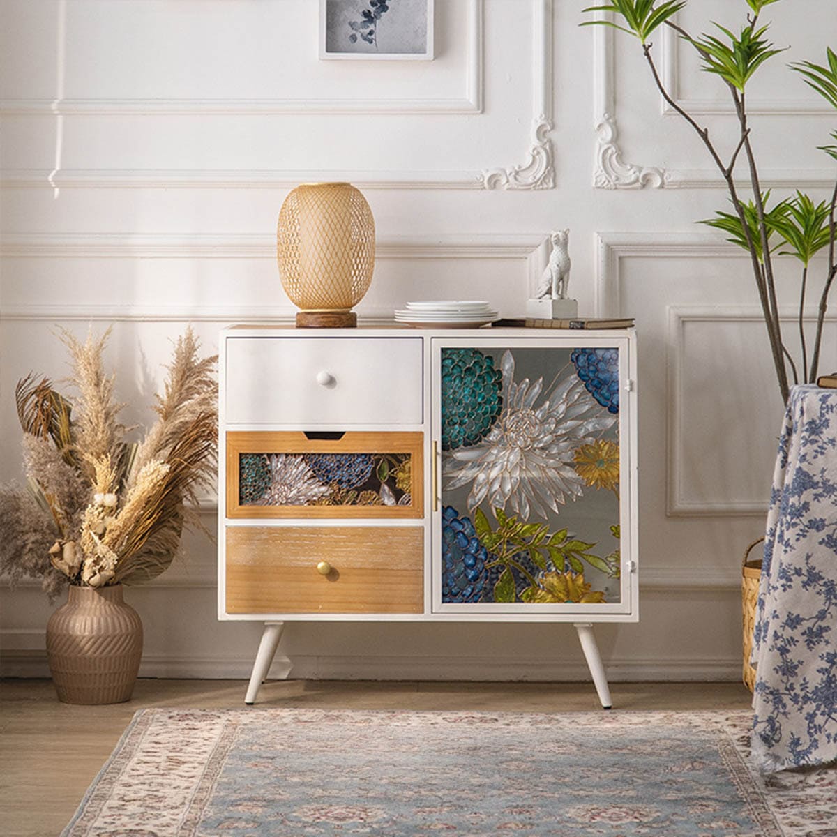 VeroMan 食器棚 ガラス扉 キャビネット アート キッチンボード 木製