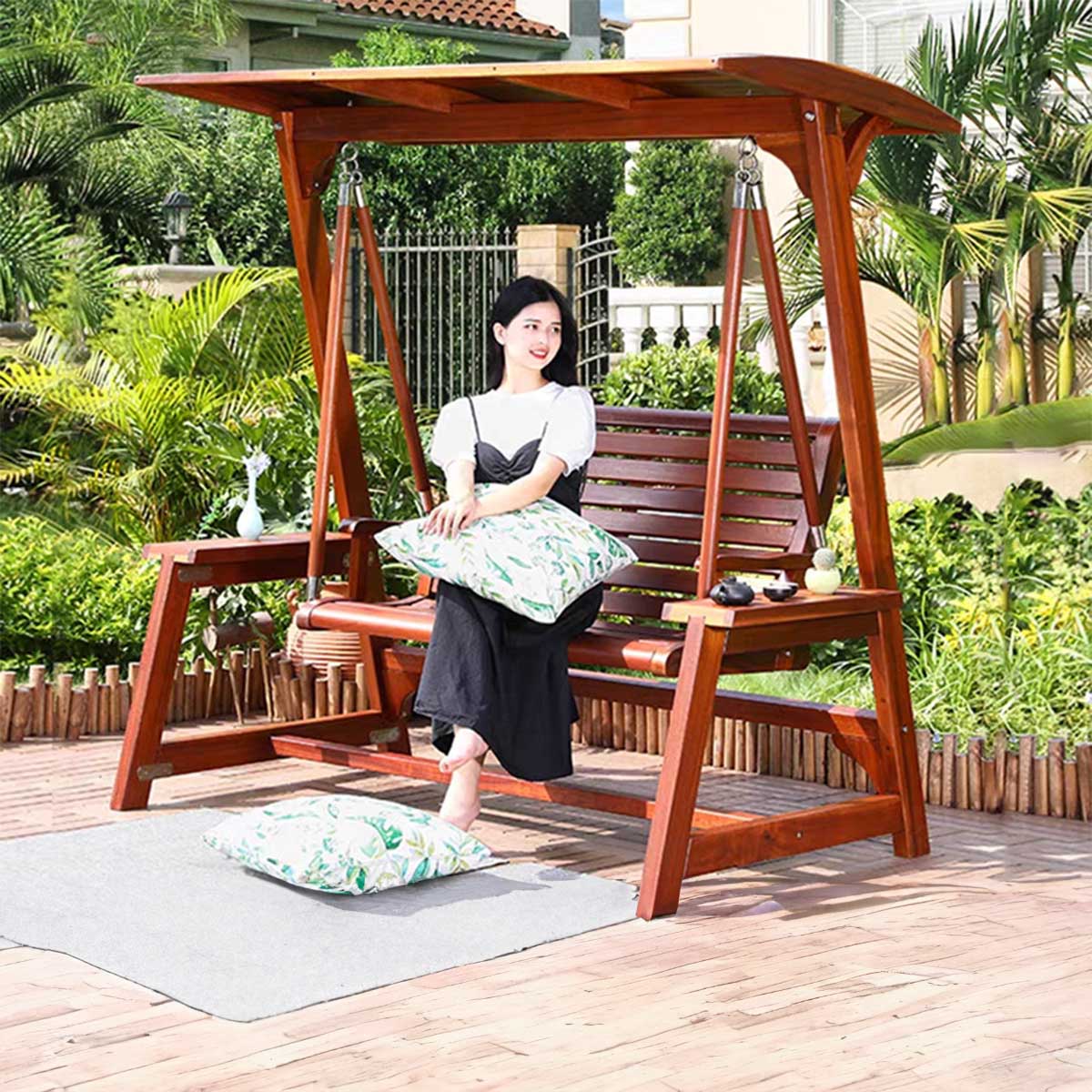 VeroMan やすらぎ感じる 屋根付き木製ブランコ 三角構造 高級