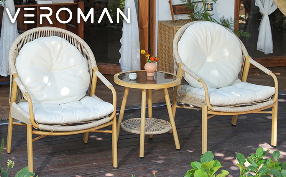 VeroMan ナチュラルな木製ロープ編みリラックスチェア＆フットスツール