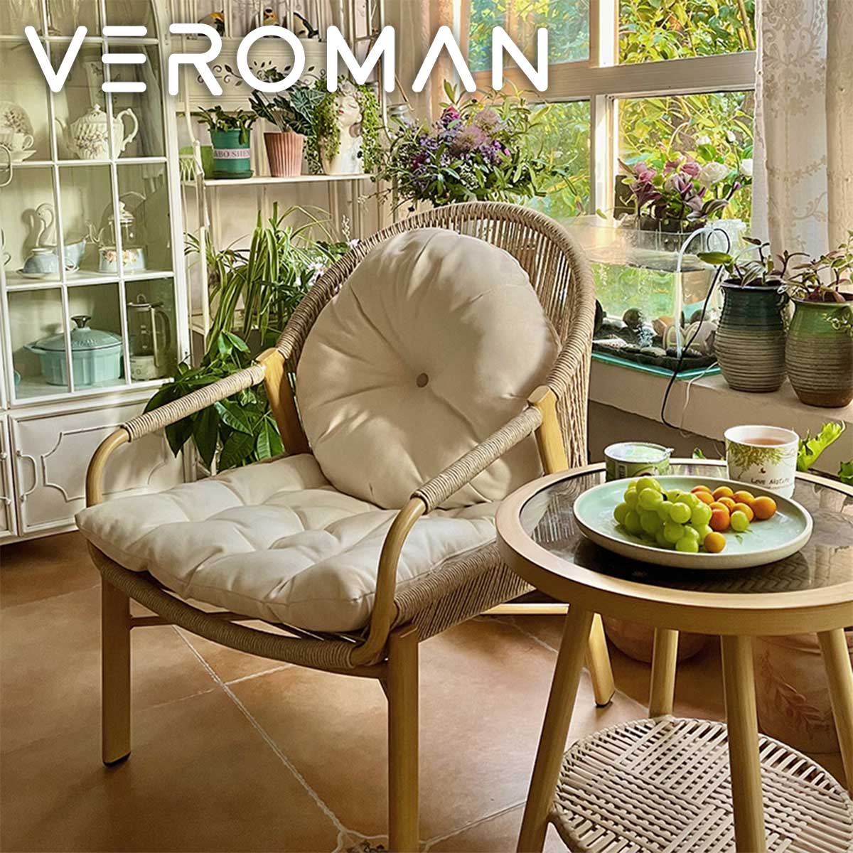 VeroMan ナチュラルな木製ロープ編みリラックスチェア＆フットスツール