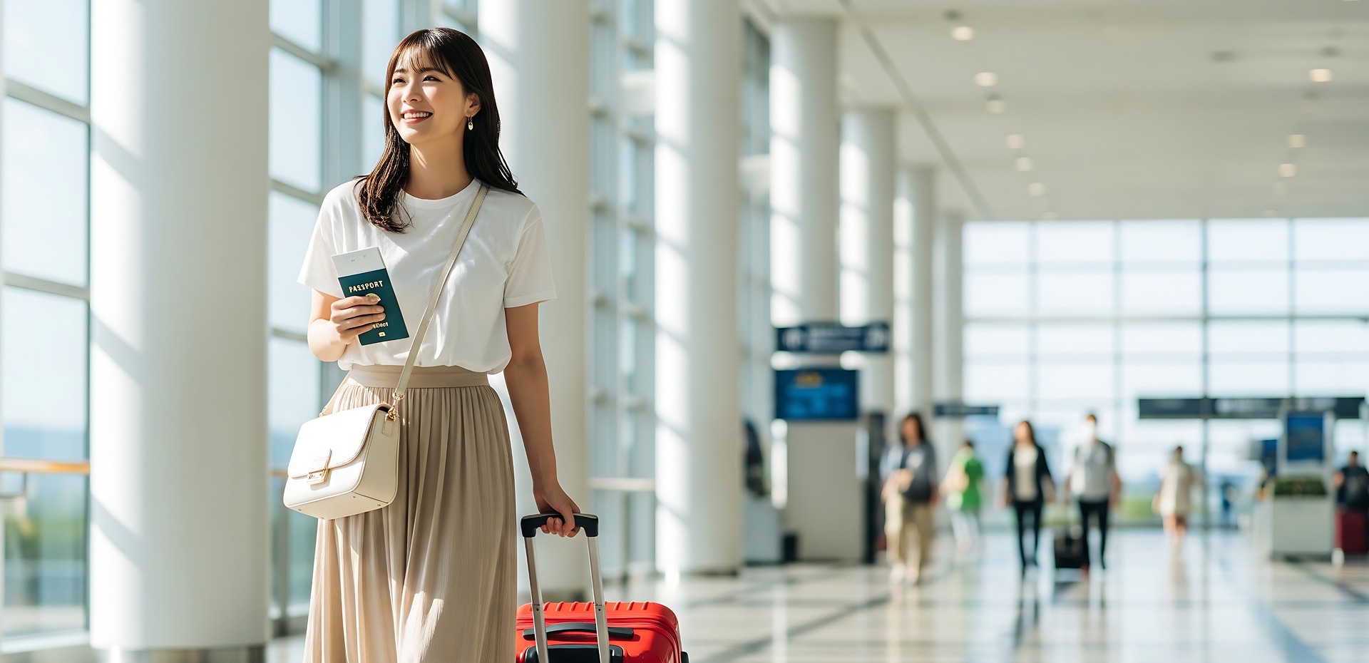 空港で笑顔の女性