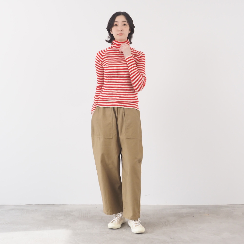 綿コーマ　ランダムリブBDタートルネックセーター　ニットを着た女性の全身