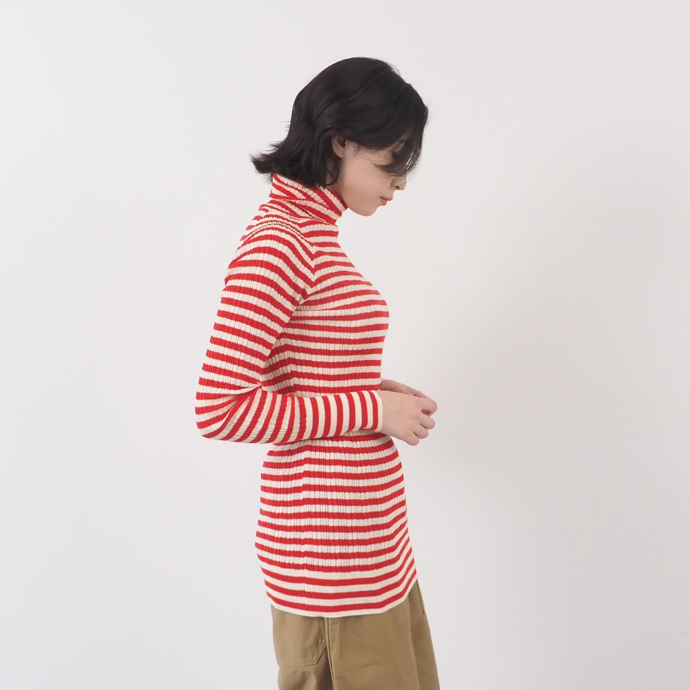 綿コーマ　ランダムリブBDタートルネックセーター　ニットを着た女性の全身