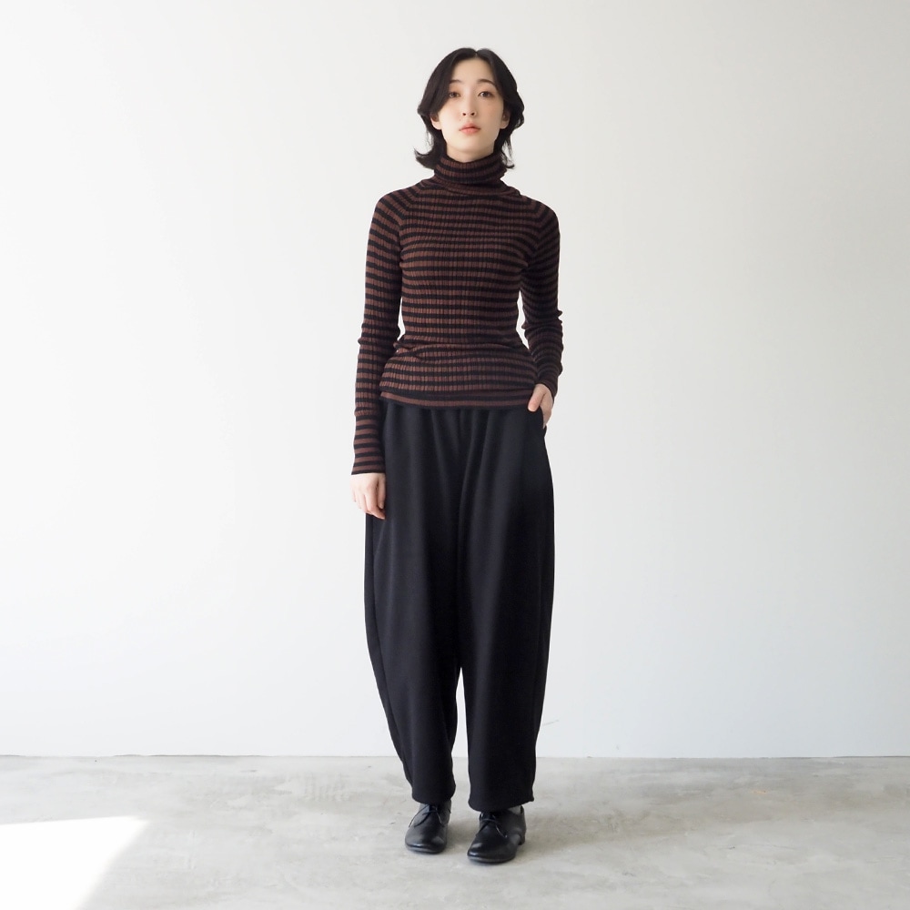 綿コーマ　ランダムリブBDタートルネックセーター　ニットを着た女性の全身