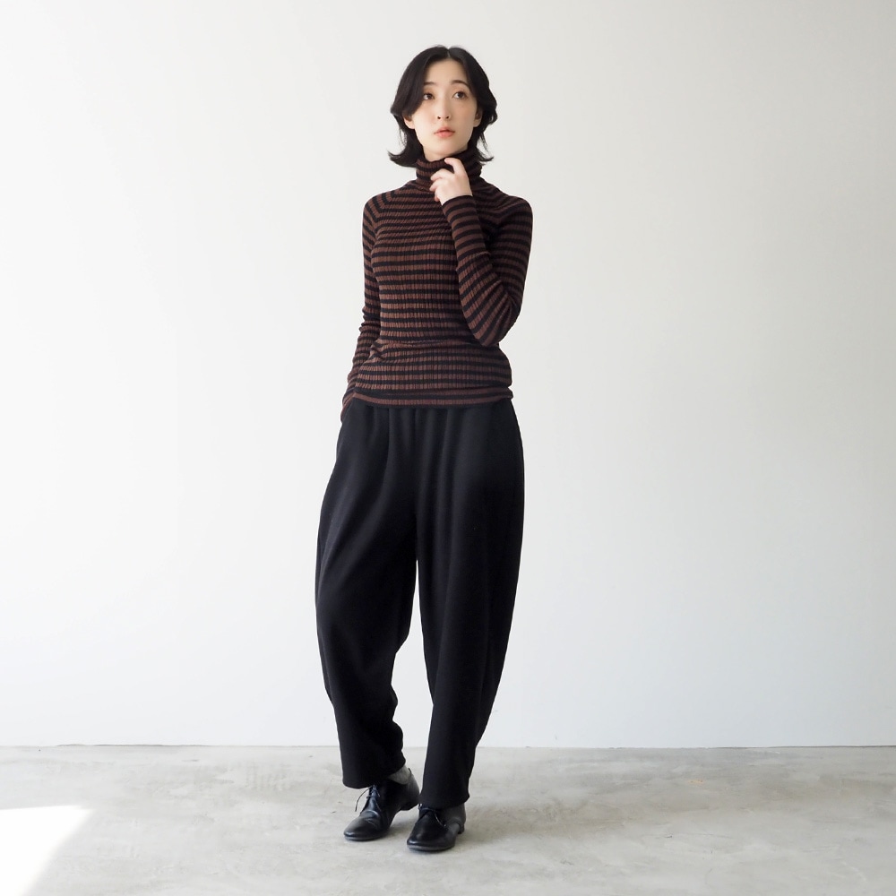 綿コーマ　ランダムリブBDタートルネックセーター　ニットを着た女性の全身