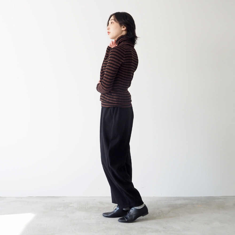 綿コーマ　ランダムリブBDタートルネックセーター　ニットを着た女性の全身