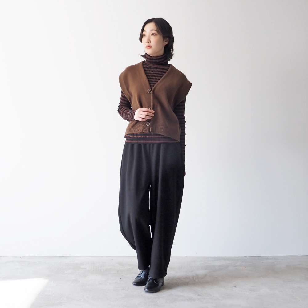綿コーマ　ランダムリブBDタートルネックセーター　ニットを着た女性の全身