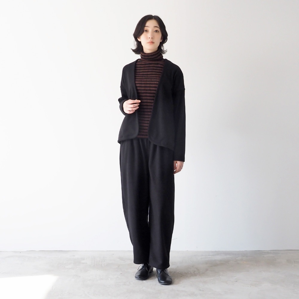 綿コーマ　ランダムリブBDタートルネックセーター　ニットを着た女性の全身