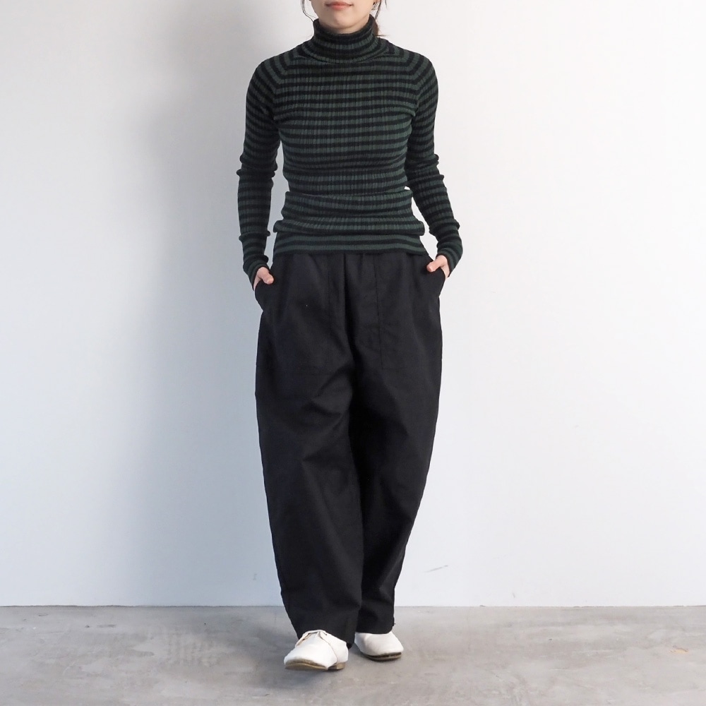 綿コーマ　ランダムリブBDタートルネックセーター　ニットを着た女性の全身