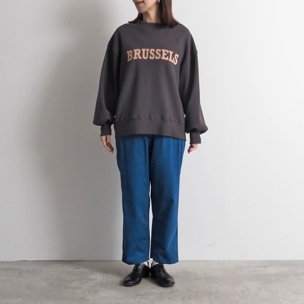 スーパーストレッチベアワッフル BRUSSELSプリントPO　プルオーバーを着た女性の全身