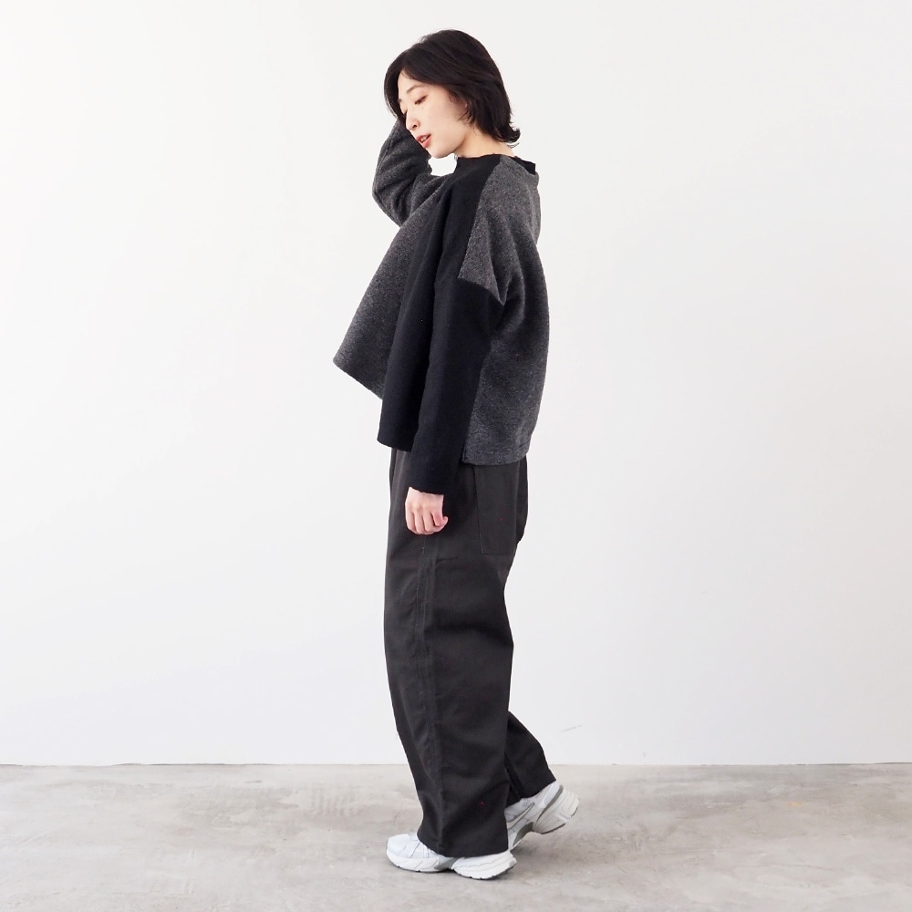 トラベルウールプレミア バイカラーカーディガン カーディガンを着た女性の全身