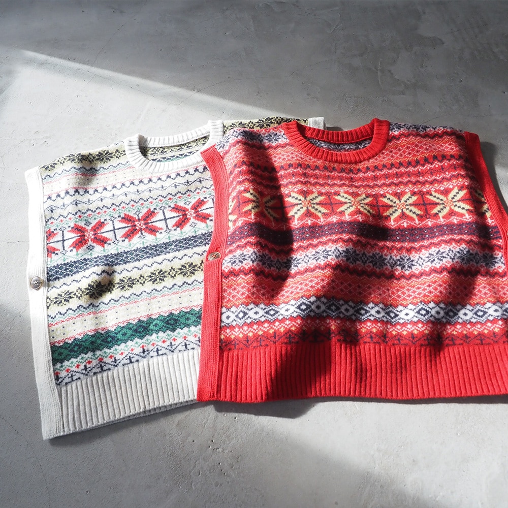 タスマニアラム フェアアイルボックスベスト ベストを着た女性の正面