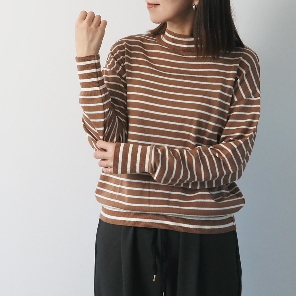 atelier naruse　ボーダーニット　ブラウン NARU(ナル) ムースヤーン ハイネックボーダーニット 665706