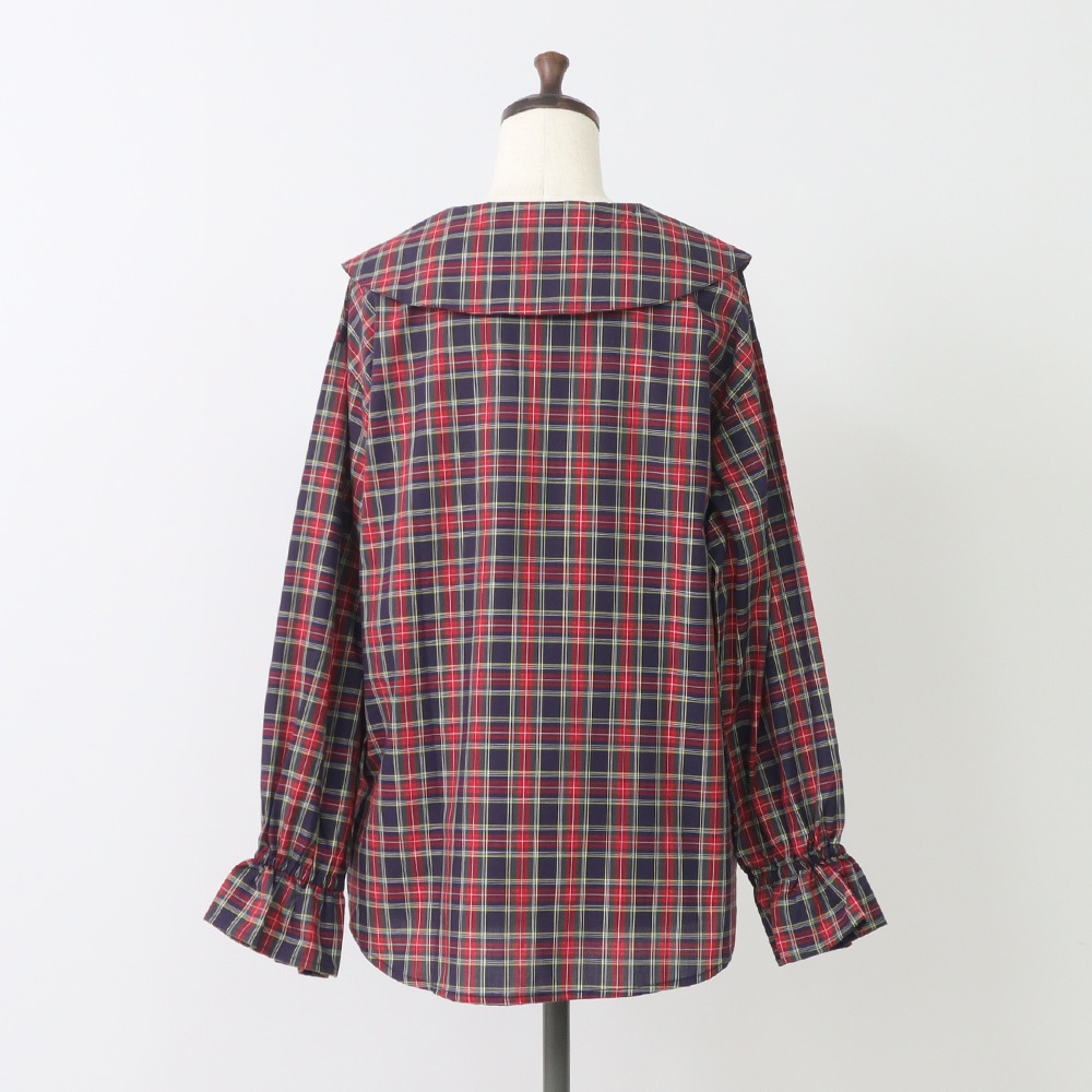 40タータン スキッパーリボンブラウス　ブラウスの正面ディティール