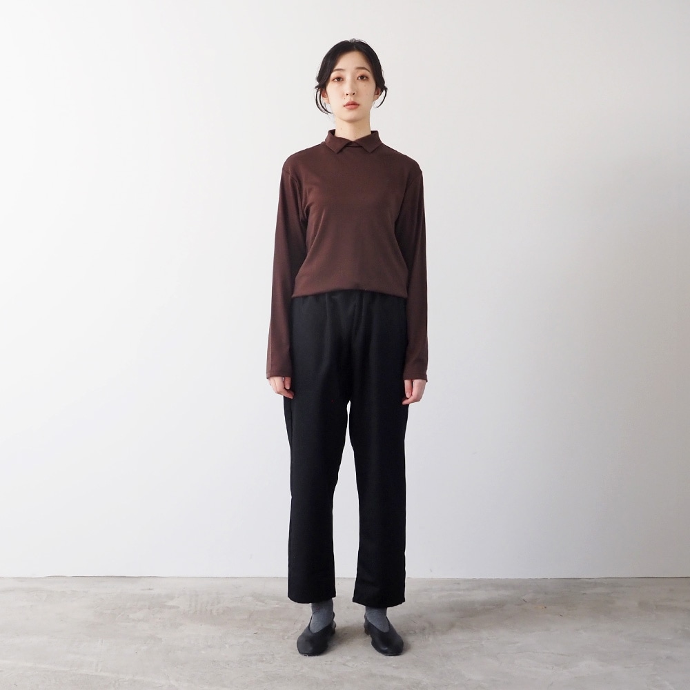 リヨセルハーフミラノリブ 衿付きPO(2WAY)　プルオーバーを着た女性の全身