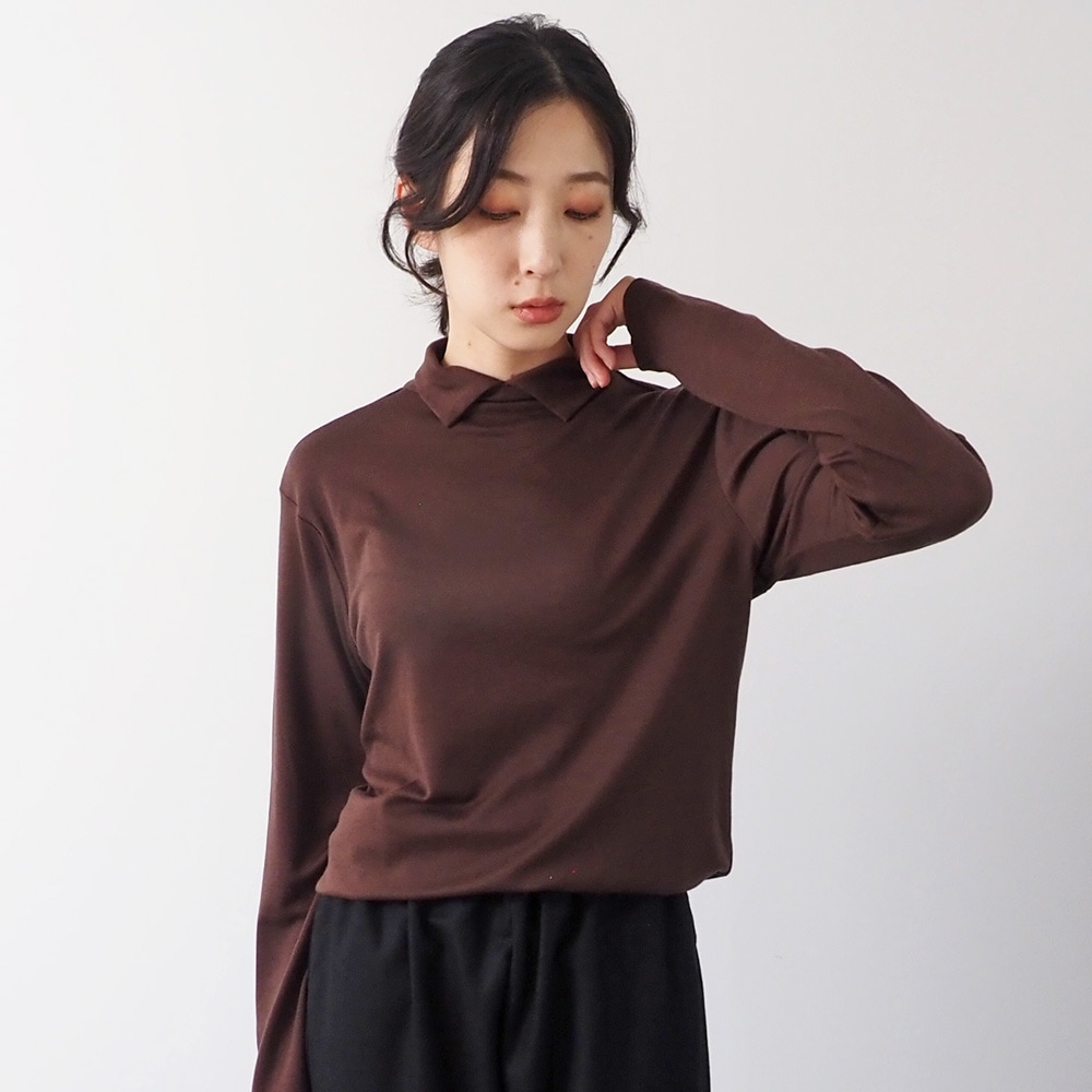 リヨセルハーフミラノリブ 衿付きPO(2WAY)　プルオーバーを着た女性の全身