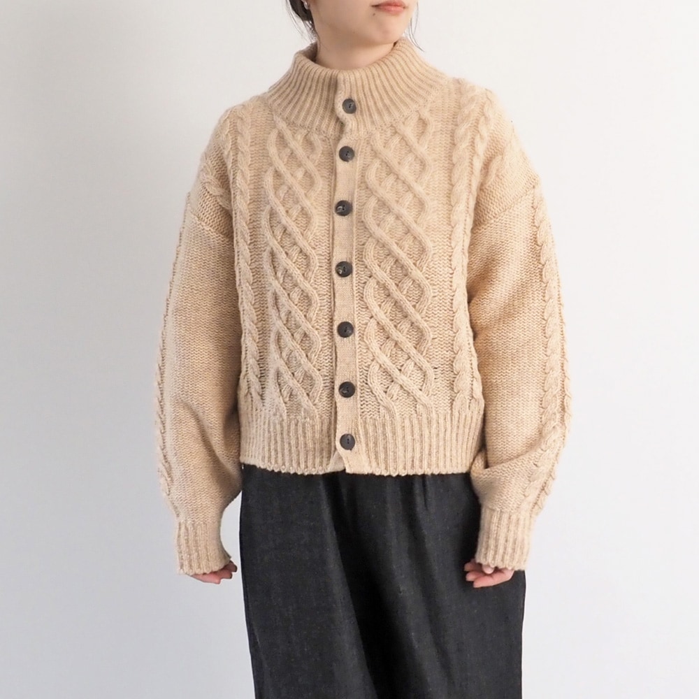 ドーゼットエアーヤーン エアリーアランニットカーデ　ニットを着た女性の全身