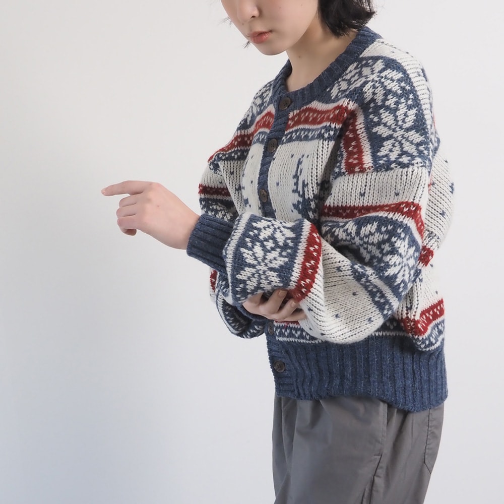 ドーゼットエアーヤーンカウチンニットカーデ カーディガンを着た女性の正面