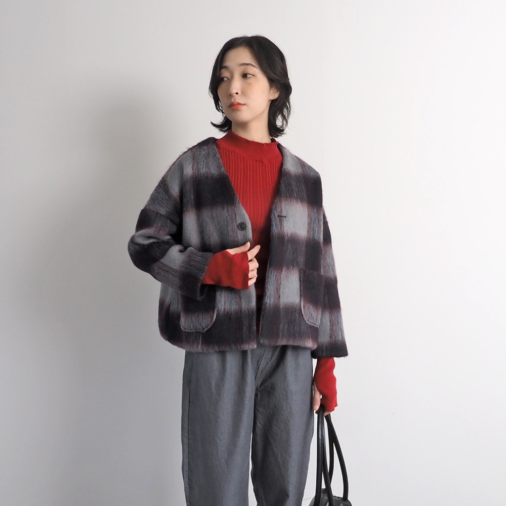 NARU(ナル) シャギーチェックノーカラージャケット 668916 | all_items