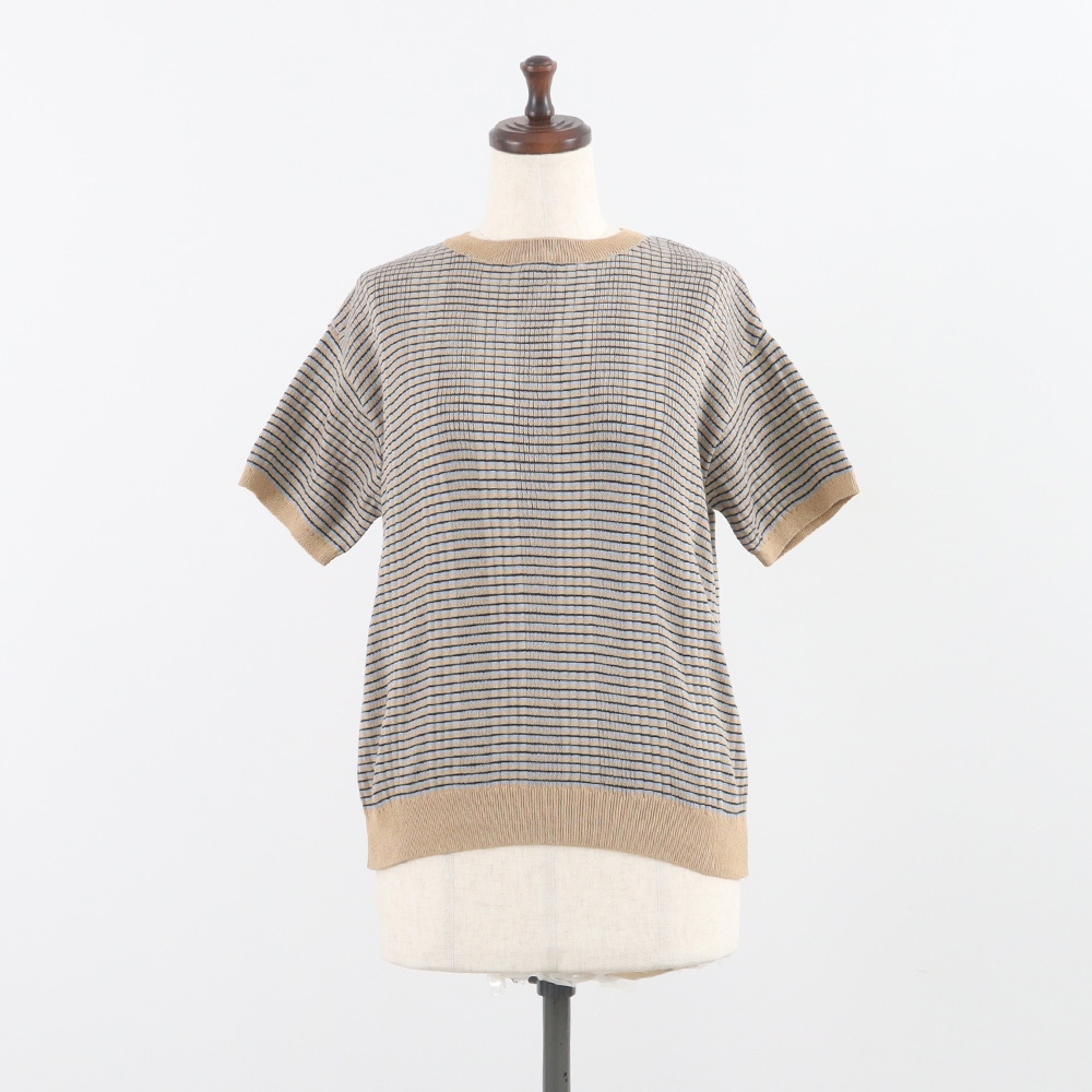 コンパクトヤーン マルチボーダーランダムリブ半袖ニット　ニットの正面ディティール