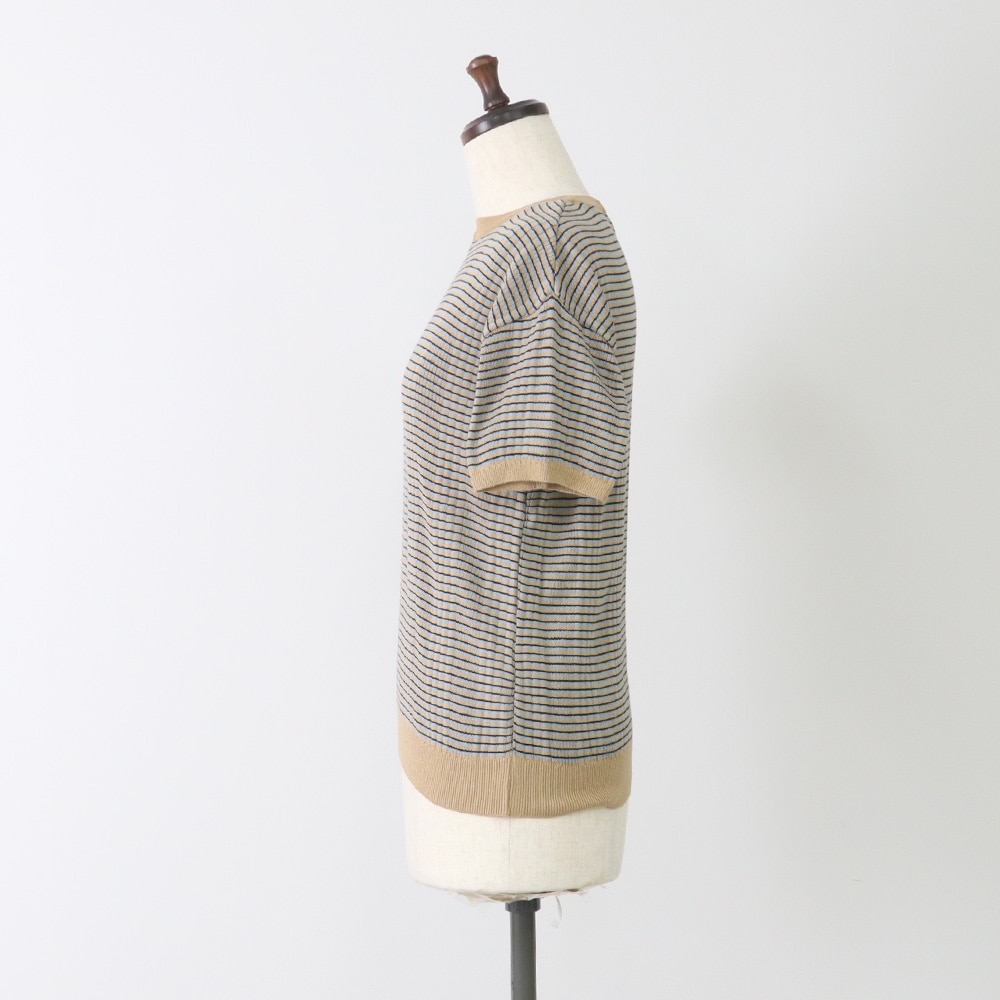 コンパクトヤーン マルチボーダーランダムリブ半袖ニット　ニットの正面ディティール