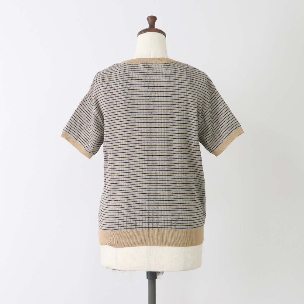 コンパクトヤーン マルチボーダーランダムリブ半袖ニット　ニットの正面ディティール