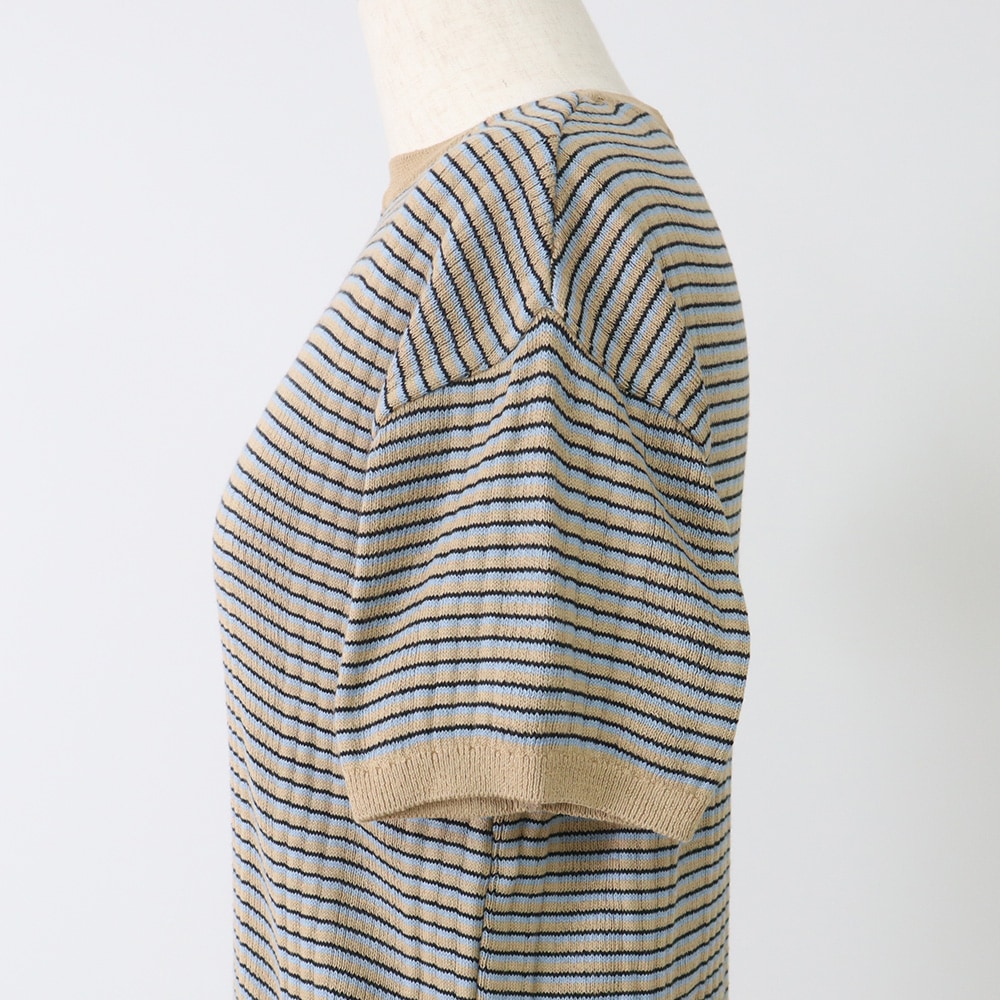 コンパクトヤーン マルチボーダーランダムリブ半袖ニット　ニットの正面ディティール