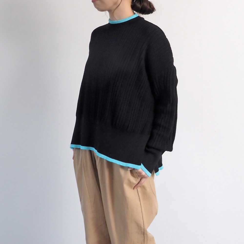 Hidamari Cotton ワイドリブバイカラーコモドニット　ニットを着た女性の全身