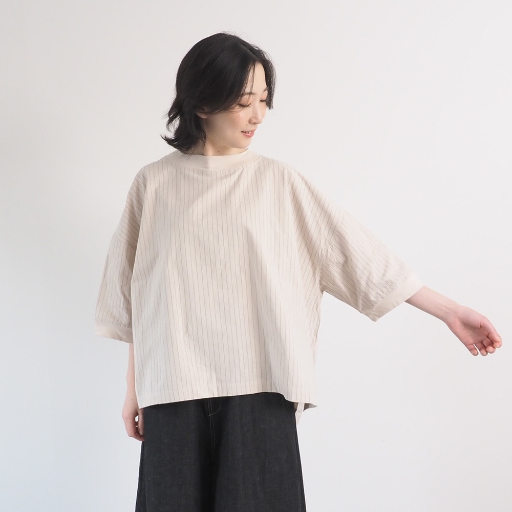 コットンクロスストライプワッシャー ワイドT　プルオーバーを着た女性の全身