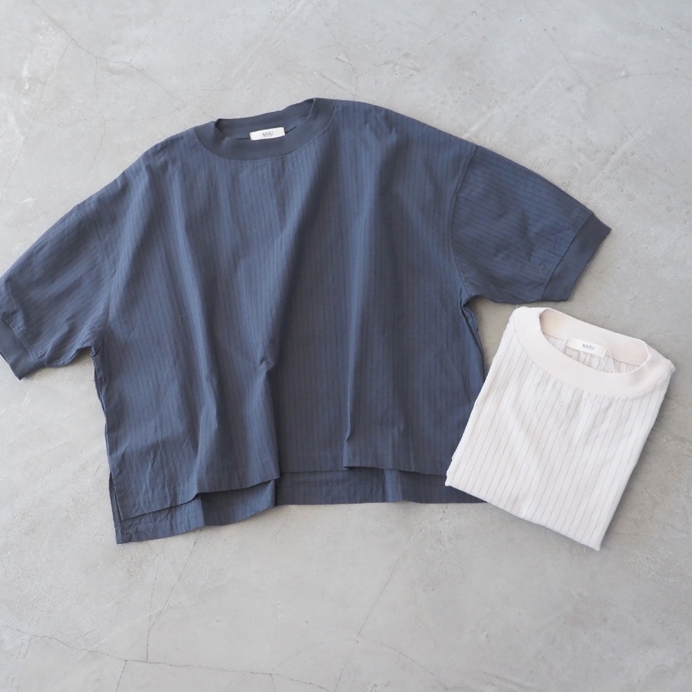 コットンクロスストライプワッシャー ワイドT　プルオーバーを着た女性の正面