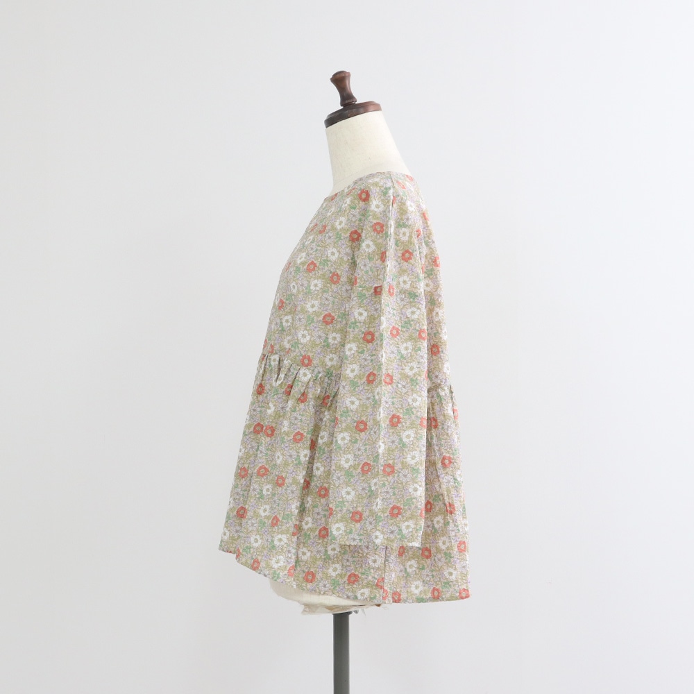 80ローン塩縮ボタニカルフラワー ギャザーチュニック　チュニックの正面ディティール