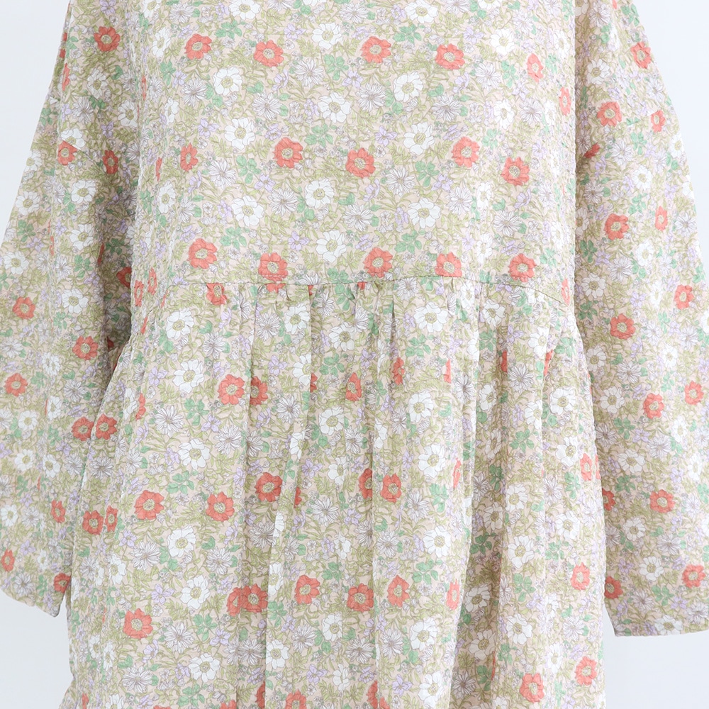 80ローン塩縮ボタニカルフラワー ギャザーチュニック　チュニックの正面ディティール