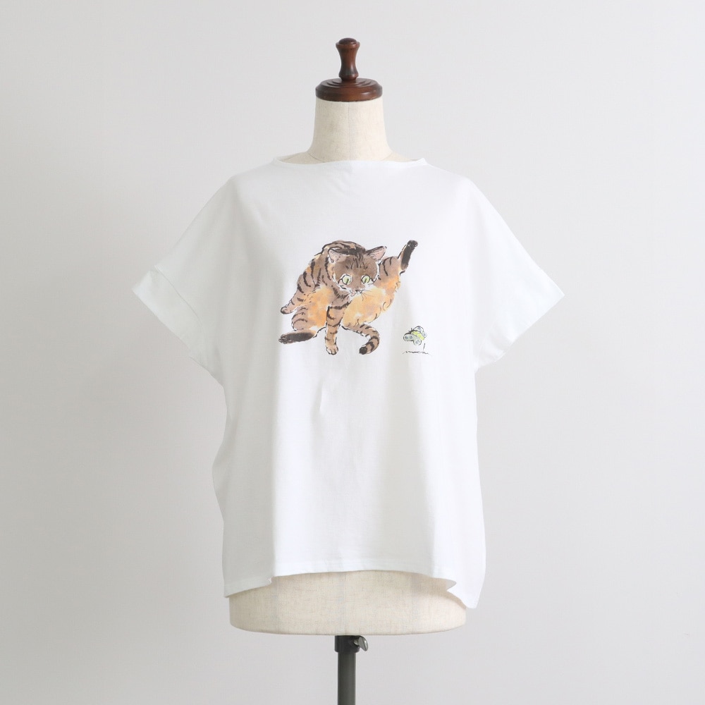 ナチュラルソフト天竺 ぺろりねこコンフィーシャツ　Tシャツの正面ディティール