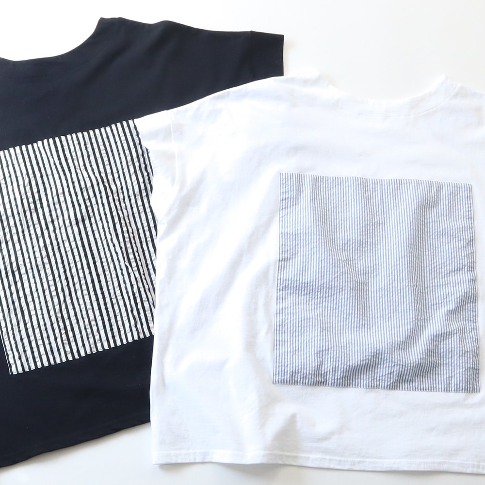 ナチュラルソフト天竺 レクタングルパネルTシャツ　tシャツを着た女性の正面