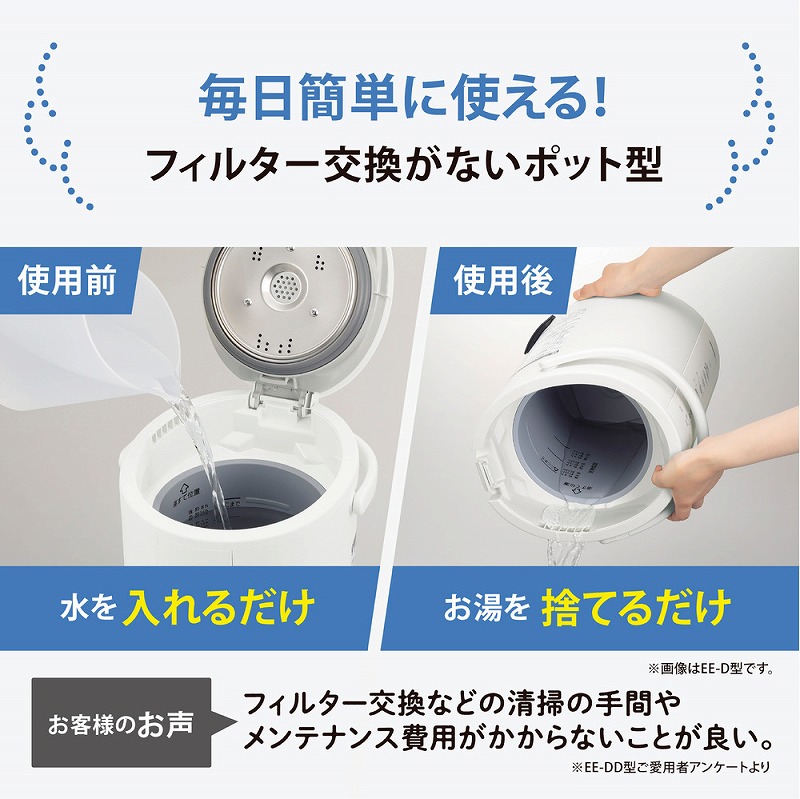 象印 ZOJIRUSHI スチーム加湿器  象印 加湿器 ポット型 EE-TA60 ハイパワー 4L 大容量 上部給水 広口容器 おしゃれ おすすめ お手入れ簡単 フィルター不要 省エネ 17畳 子供部屋 寝室 タイマー 静音 スチーム式  