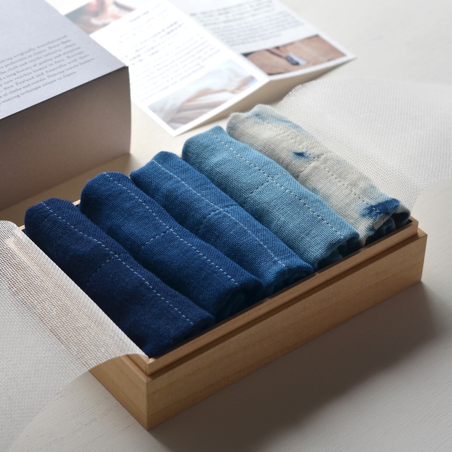 蚊帳織りタオル｜藍染め 5枚入 ギフトボックス | 蚊帳織りふきんの