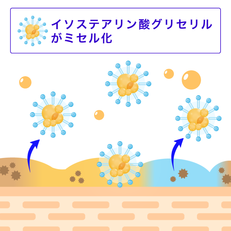 ステップ2 包む：ミセルが油分を吸着して浮かせる