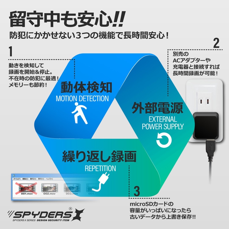 スパイダーズX モバイルバッテリー型カメラ 充電器型カメラ H-782 動体