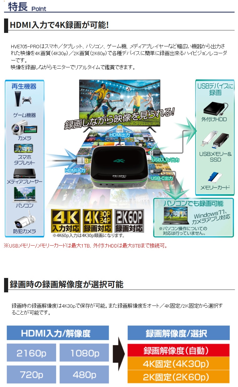 ハイビジョンレコーダー HDMIレコーダー HVE705-PRO プロスペック