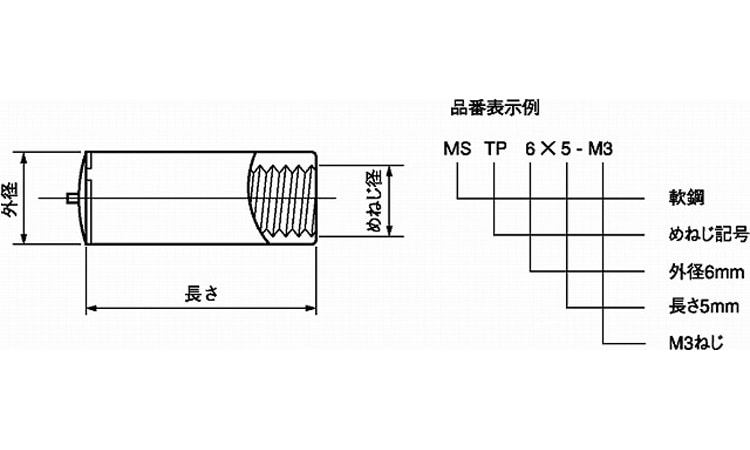 メねじスタッド（ＴＰ・外径６） 《標準(または鉄)/生地(または標準