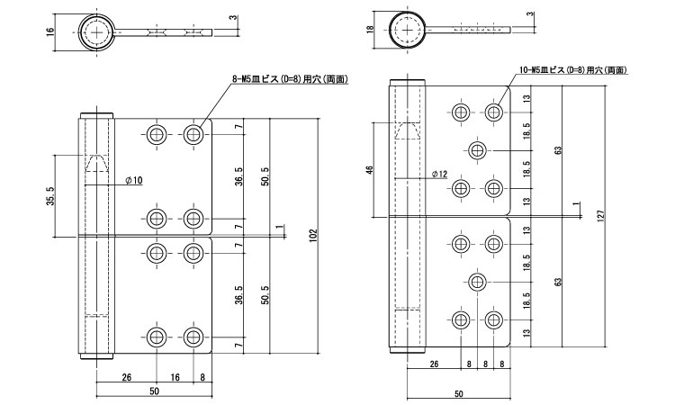 面付旗丁番（左右兼用鉄芯K33W 《ｽﾃﾝﾚｽ(303､304､XM7等)/生地