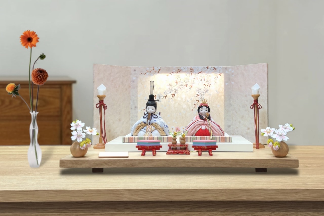 rico麗奈（れな）木目込み親王飾り雛人形 高岡塗台 しだれ桜屏風