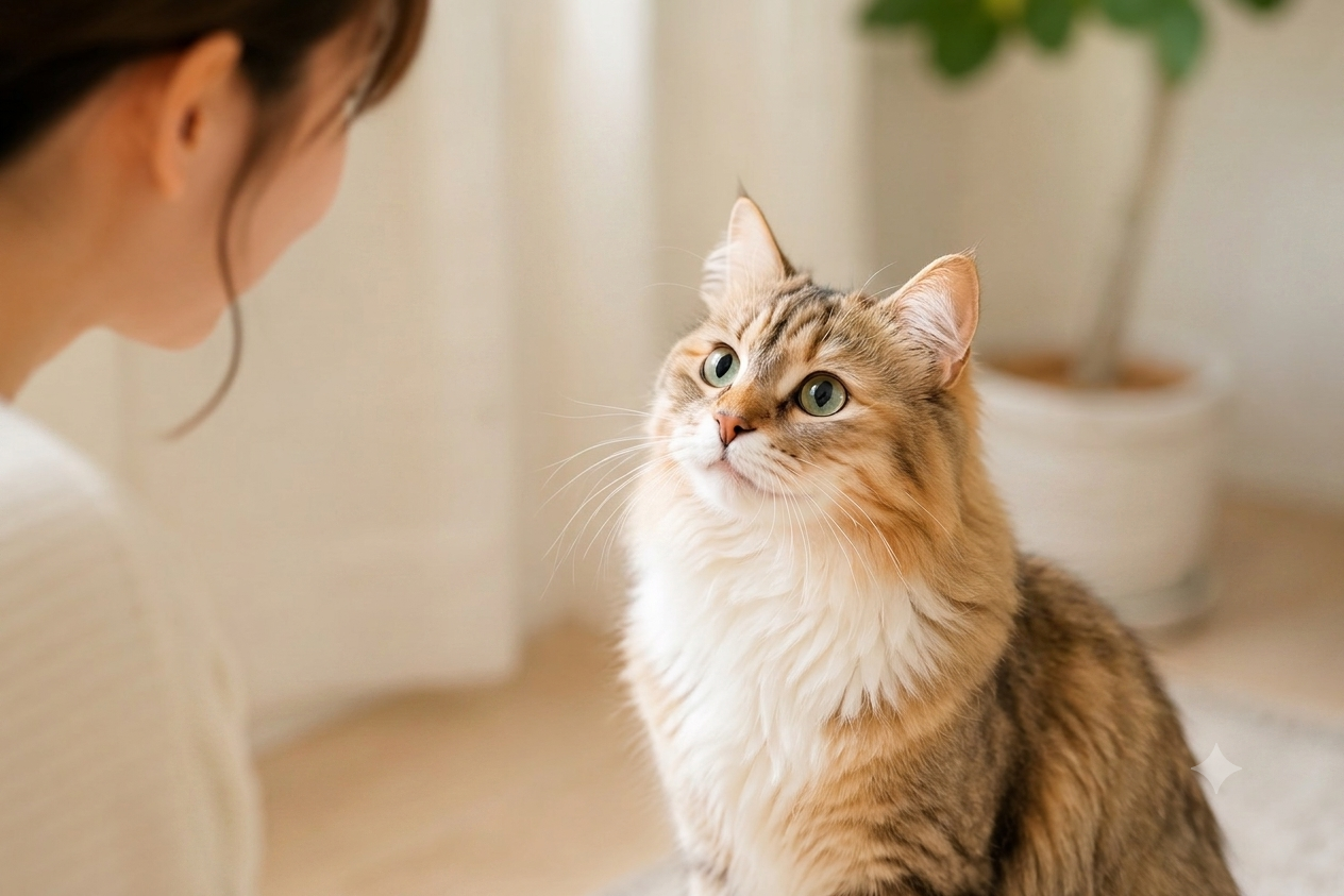 人の話を聞いているネコ