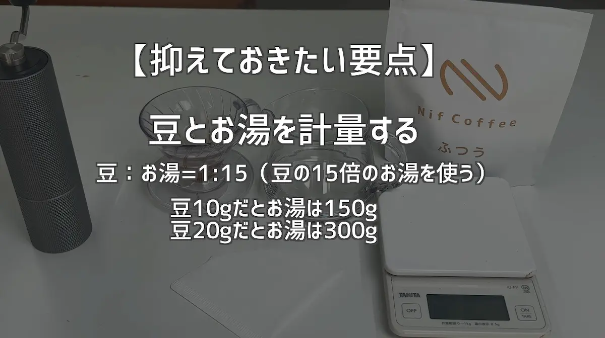 コーヒー豆とお湯の比率1対15を量っている様子