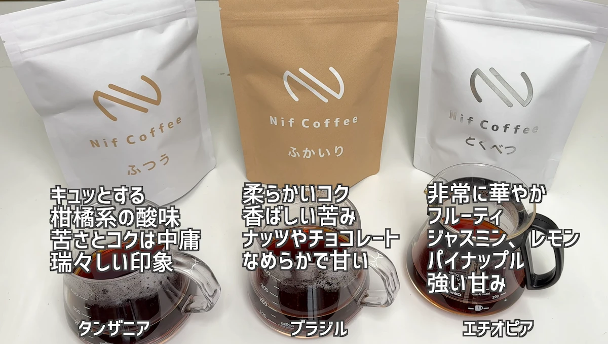 コーヒーの香りや酸味や甘みを確認しながら飲み比べている様子