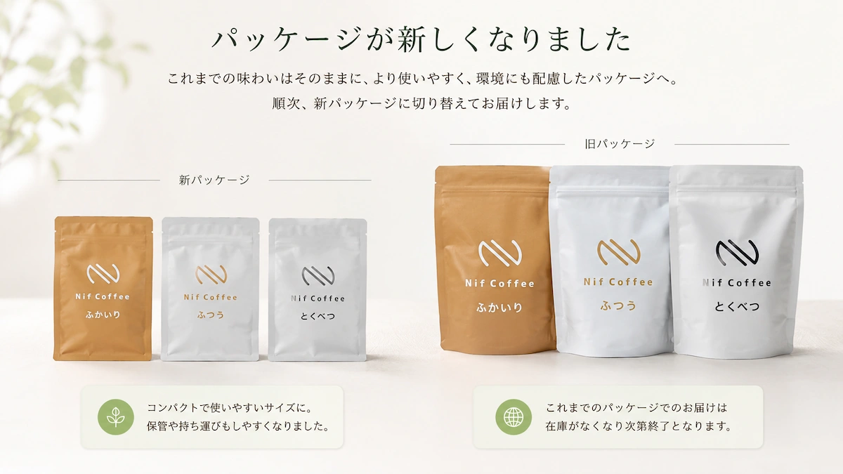 Nif Coffeeの新旧コーヒー豆パッケージ比較