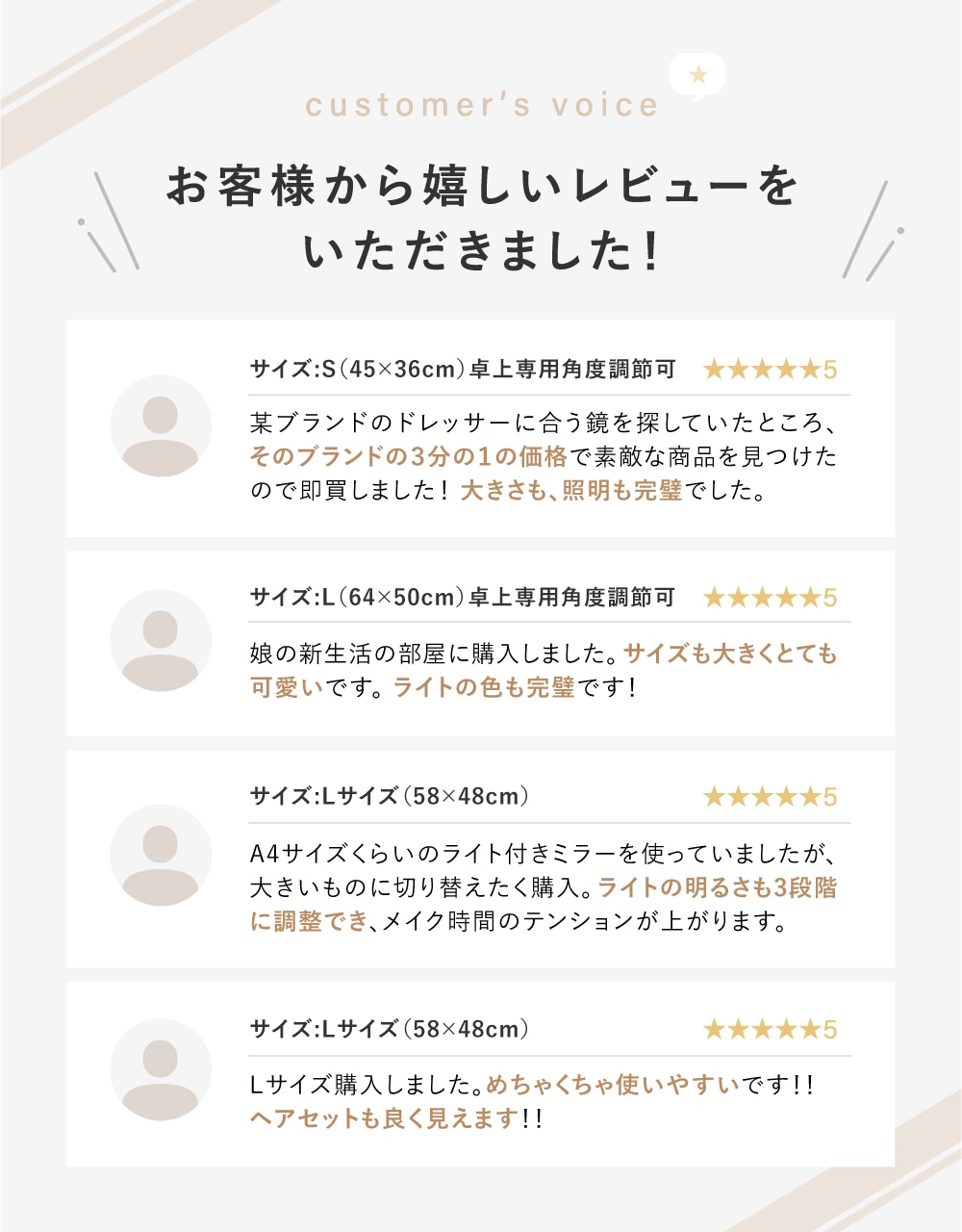 LED 女優ミラー 化粧鏡 ドレッサー ライト付き 45/50/58/65cm 36/42/48